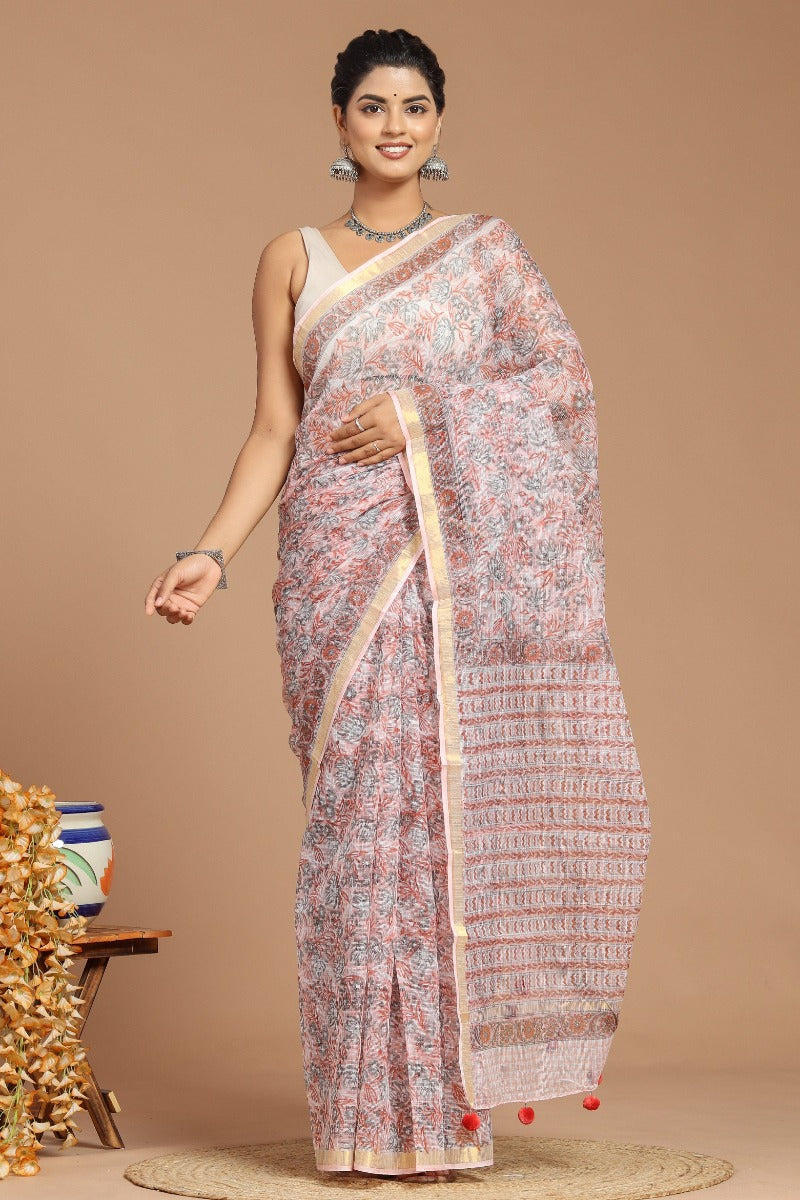 Whispering Romance: Dusty Pink Floral Print Kota Doria Saree