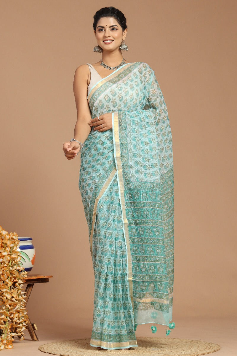 Enchanting Serenity: Sage Green Buta Print Kota Doria Saree