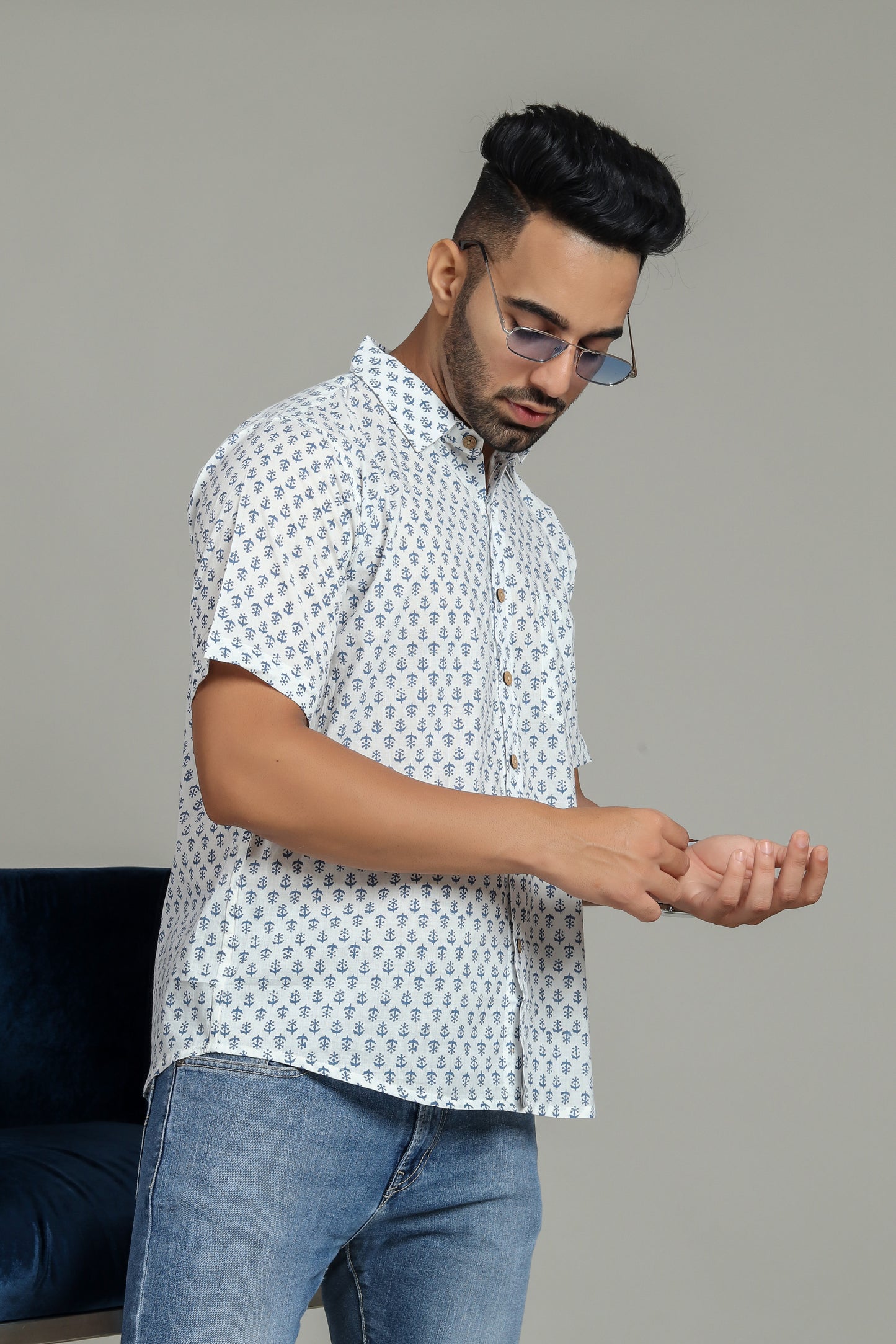 COTTON BLOCK PRINTED HALF SLEEVE SHIRT