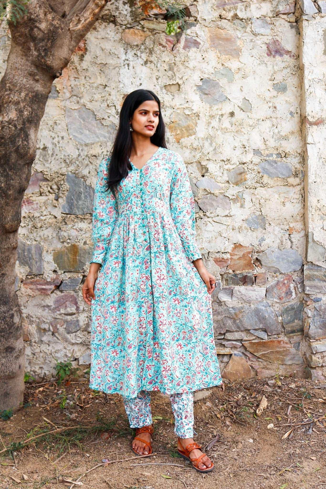 'Minty Floral' Block Printed Kurta Set