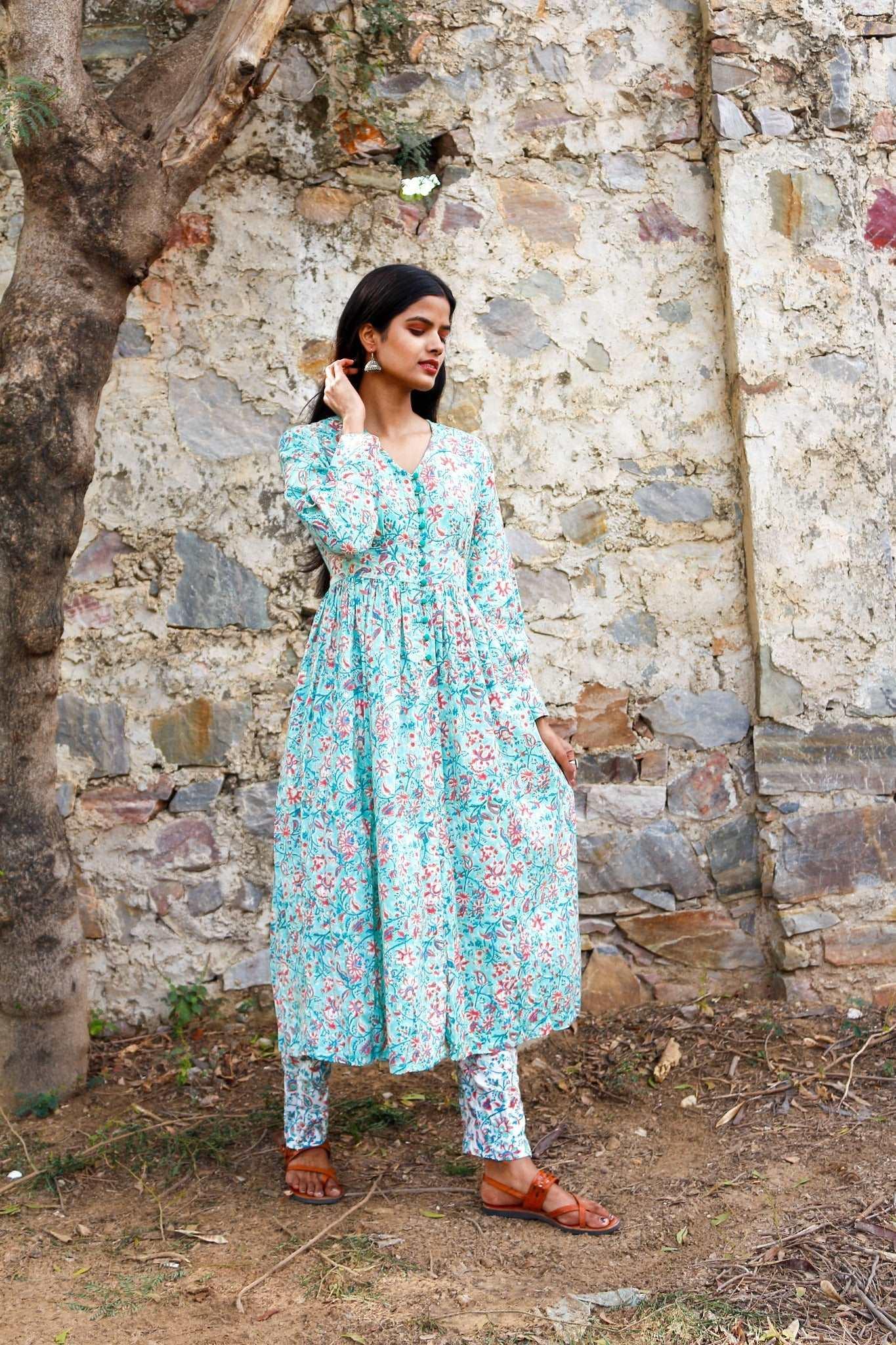 'Minty Floral' Block Printed Kurta Set