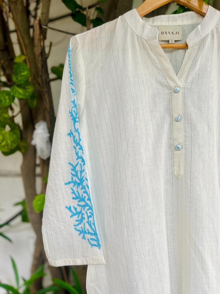 White Kurta - Fluorescent Blue