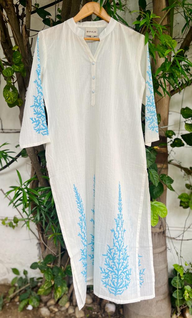White Kurta - Fluorescent Blue