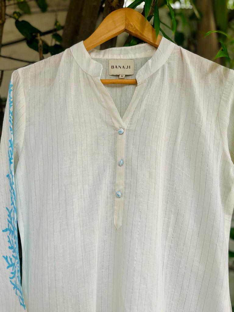 White Kurta - Fluorescent Blue