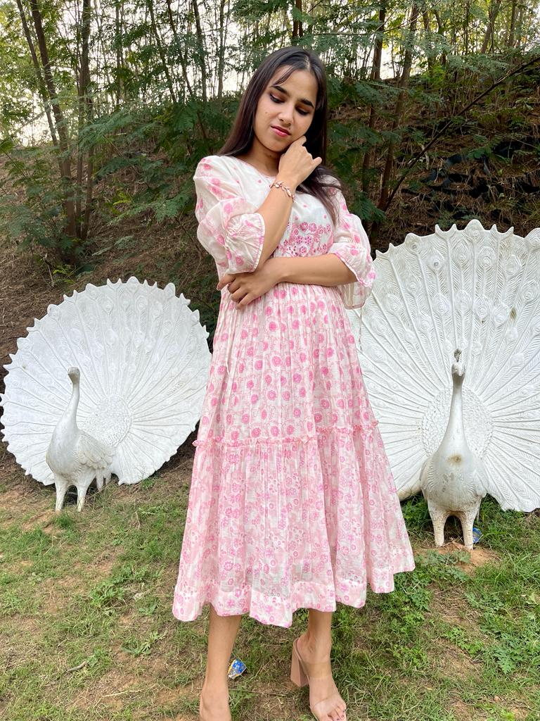 'Chanderi Silk' Pink Bloom Printed Dress - Limited Edition