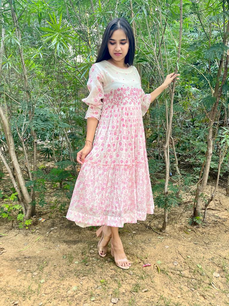 'Chanderi Silk' Pink Bloom Printed Dress - Limited Edition