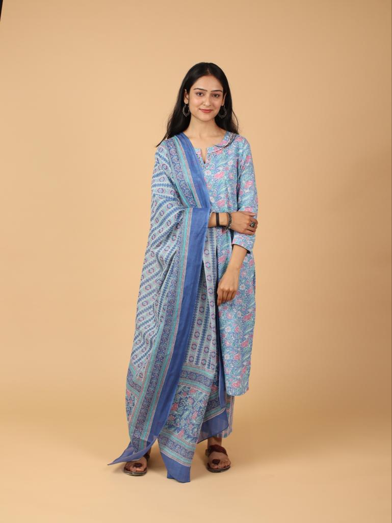 Cotton Printed Kurta Pant Set With Dupatta