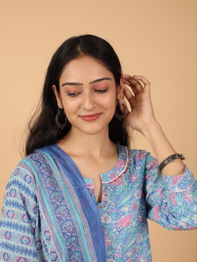 Cotton Printed Kurta Pant Set With Dupatta