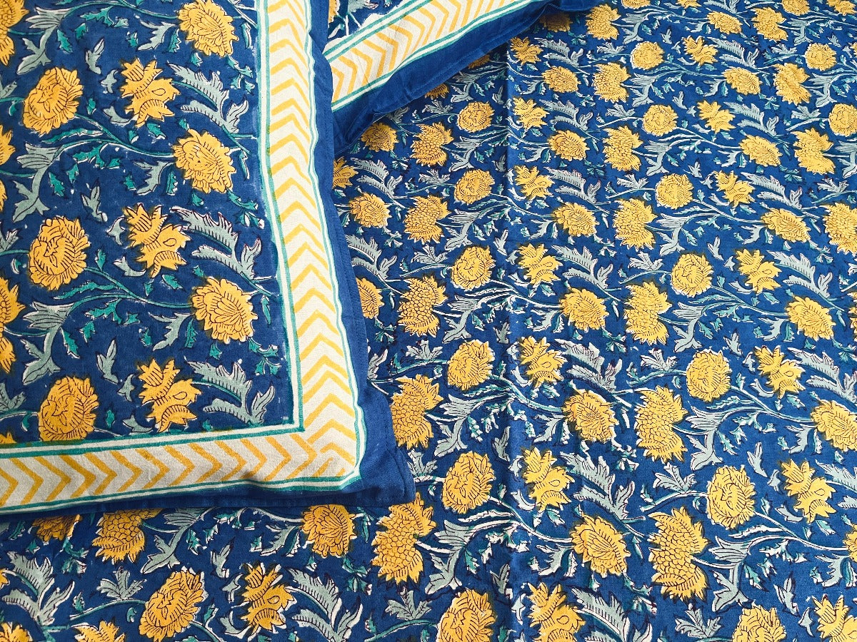 Misty Blue Block Printed Bedsheet Set