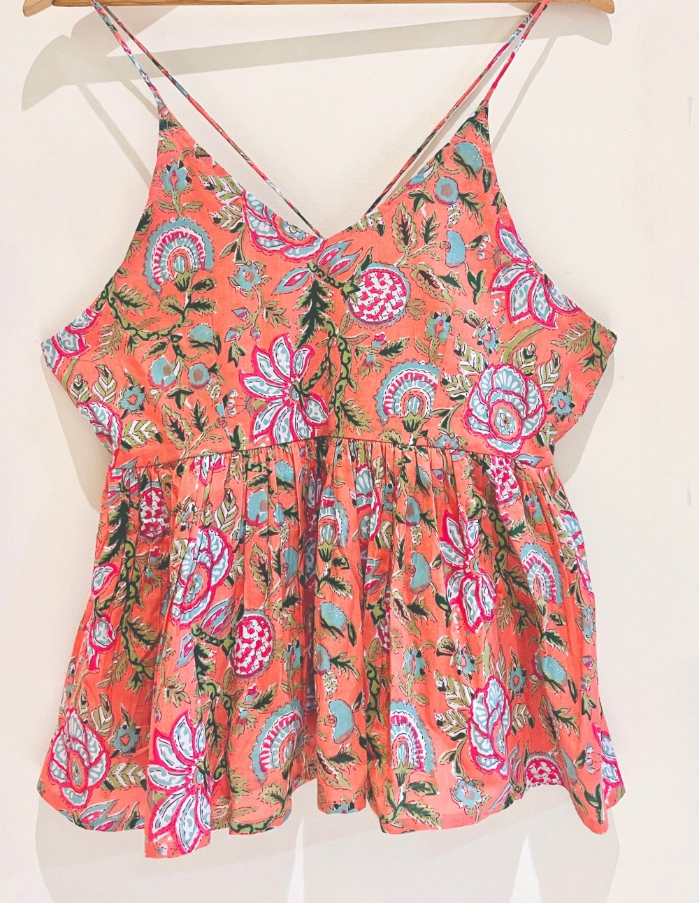 Peach Floral Block Printed Cotton Cami Top
