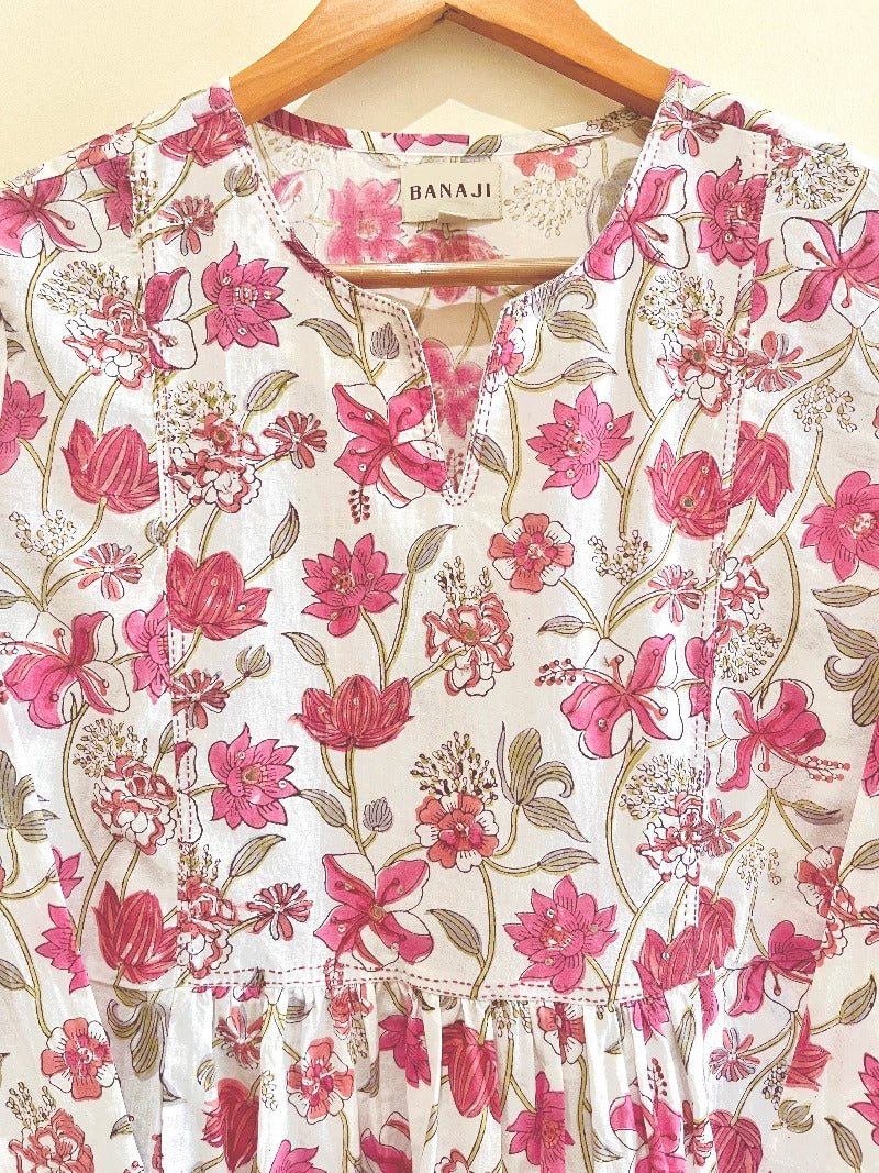 Magenta Zinnia Block Printed Cotton Kurta