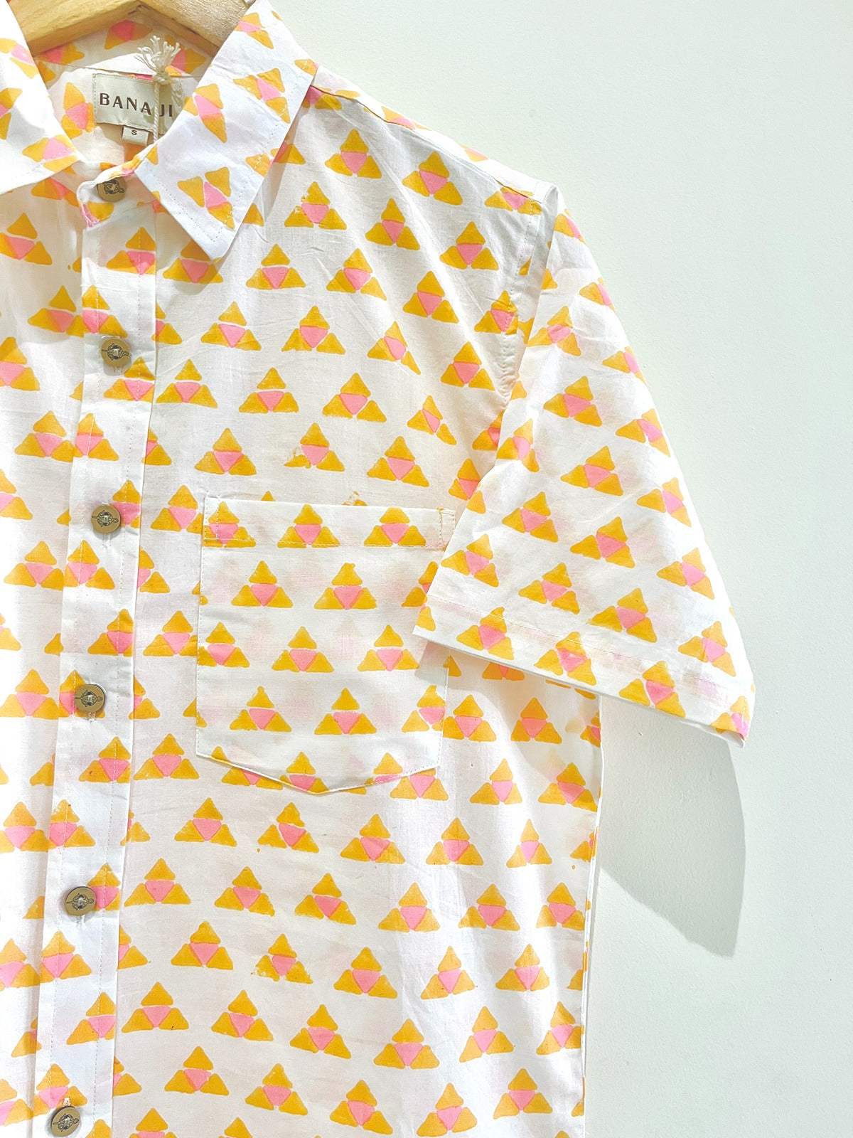 Orange Triangle Cotton Block Printed Half Sleeve Shirt