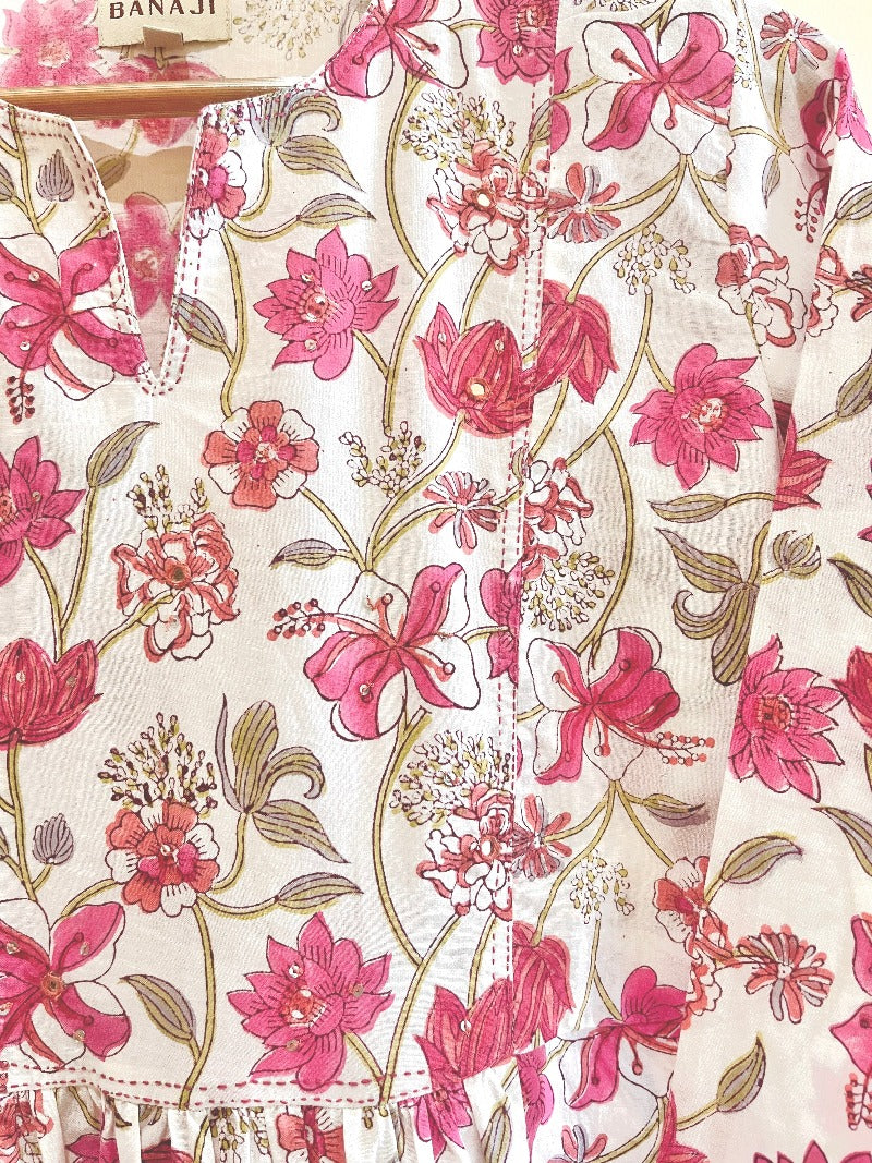 Magenta Zinnia Block Printed Cotton Kurta