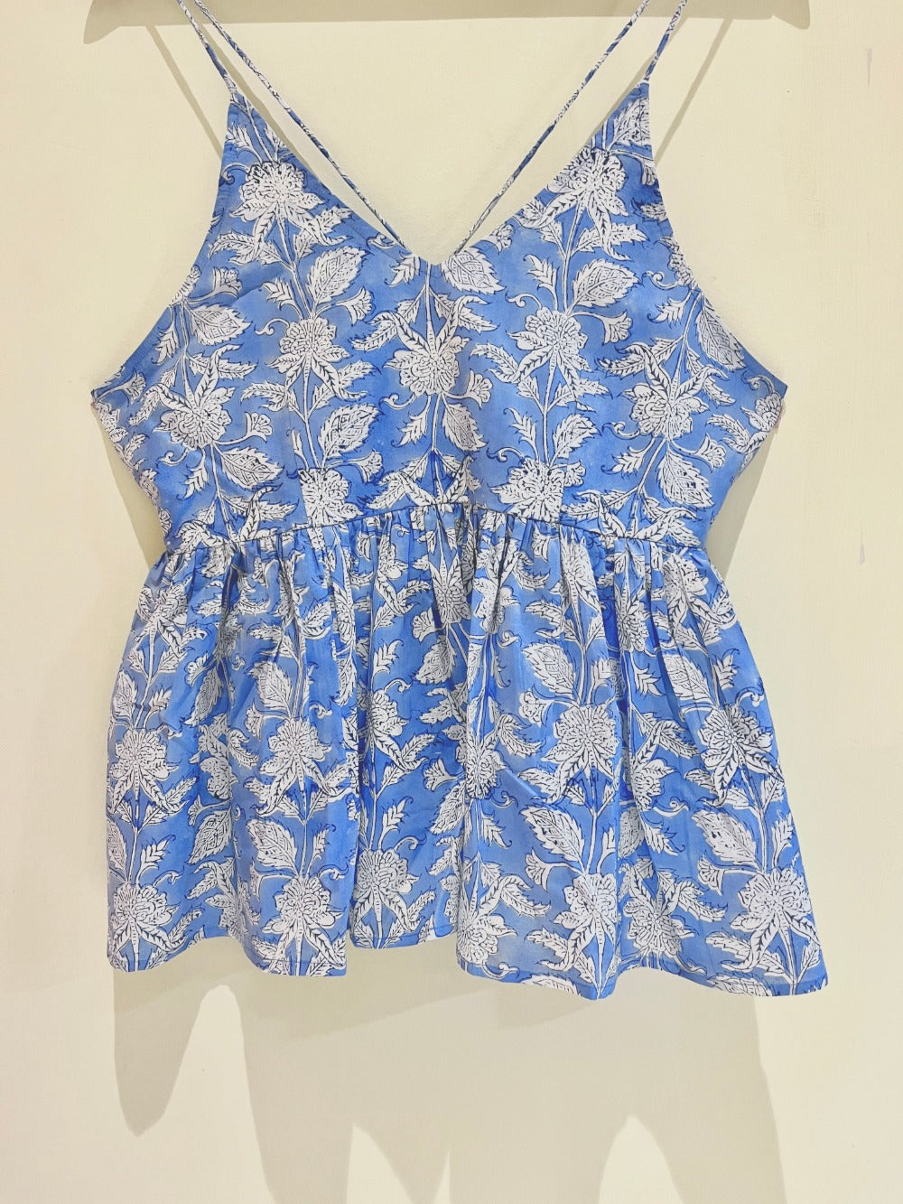 Icey Blue Block Printed Cotton Cami Top