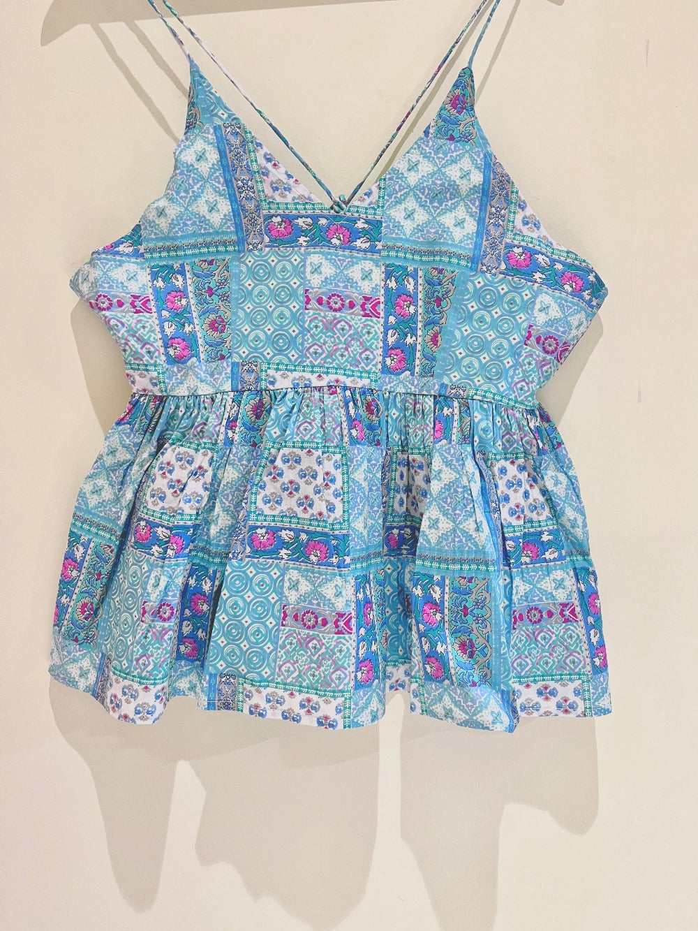 Blue Patchwork Block Printed Cotton Cami Top