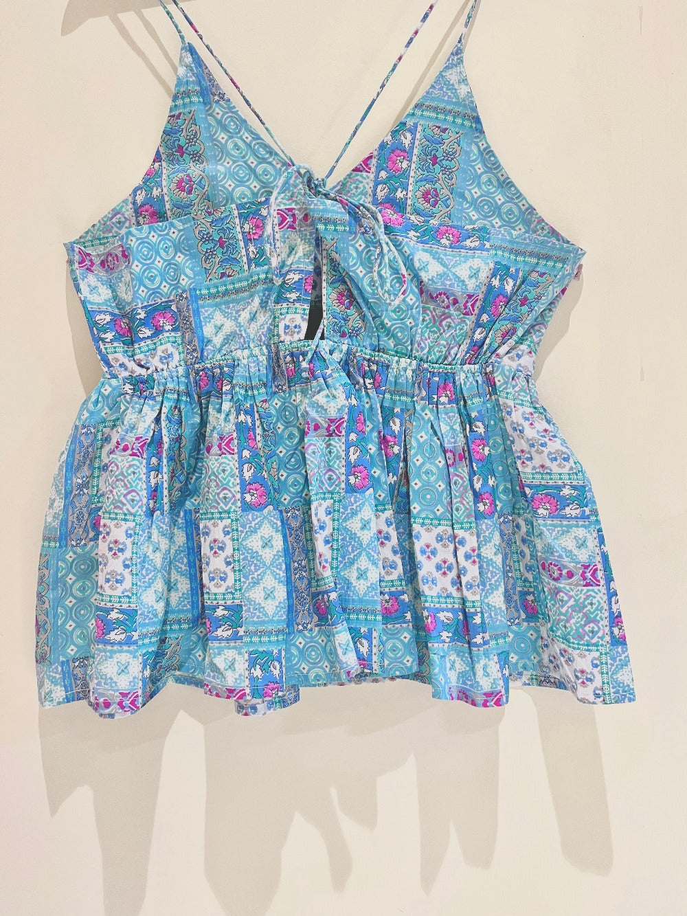 Blue Patchwork Block Printed Cotton Cami Top