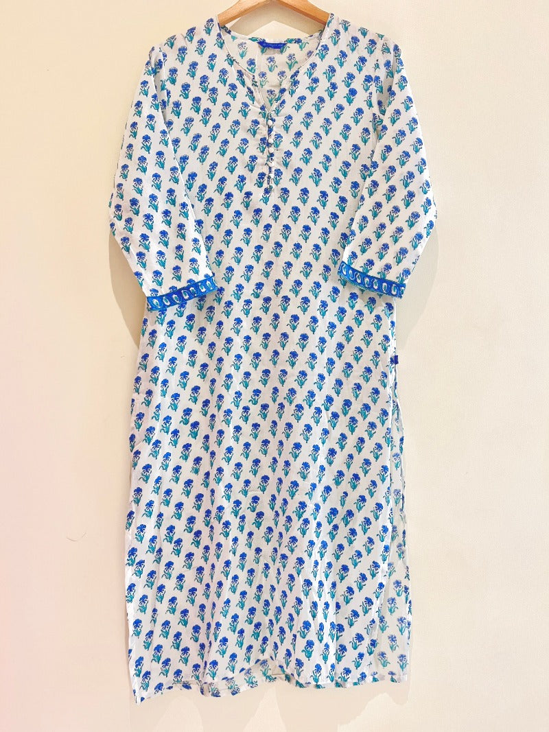 Blue Buti Block Printed Cotton Satin Kurta