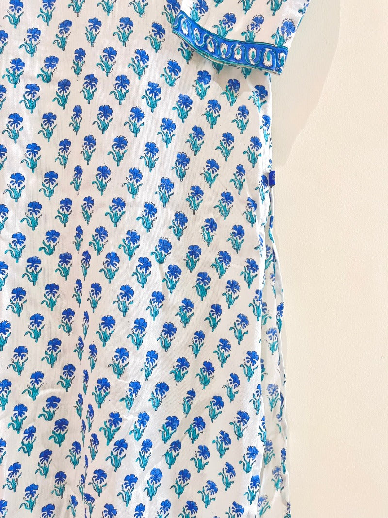 Blue Buti Block Printed Cotton Satin Kurta