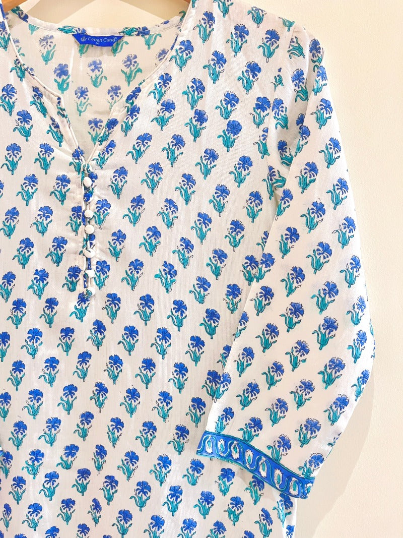 Blue Buti Block Printed Cotton Satin Kurta