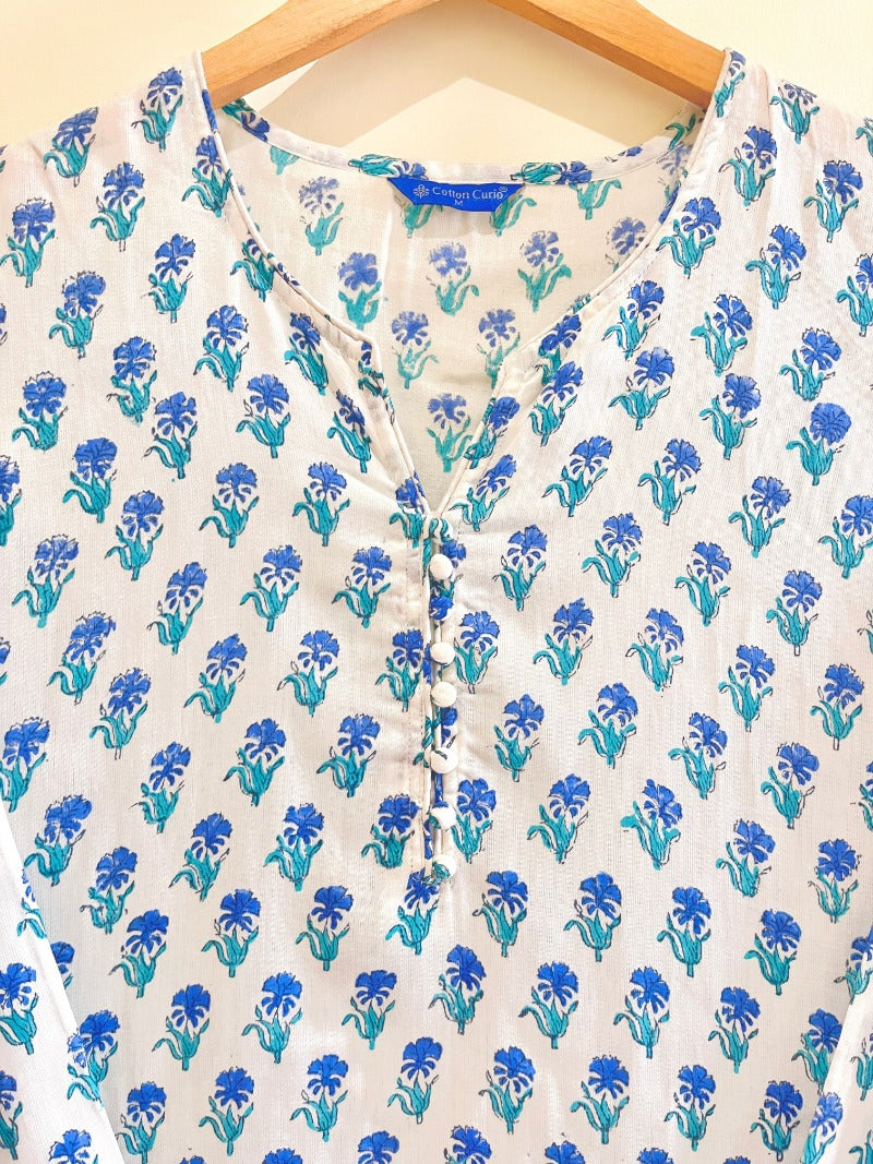 Blue Buti Block Printed Cotton Satin Kurta