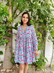 Floral Blue Cotton Short Dress