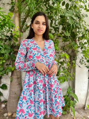 Floral Blue Cotton Short Dress