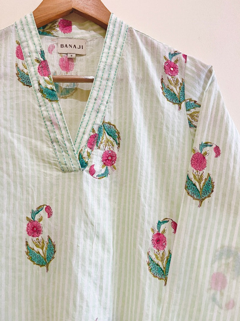 Green Bouquet Block Printed Cotton  Kurta