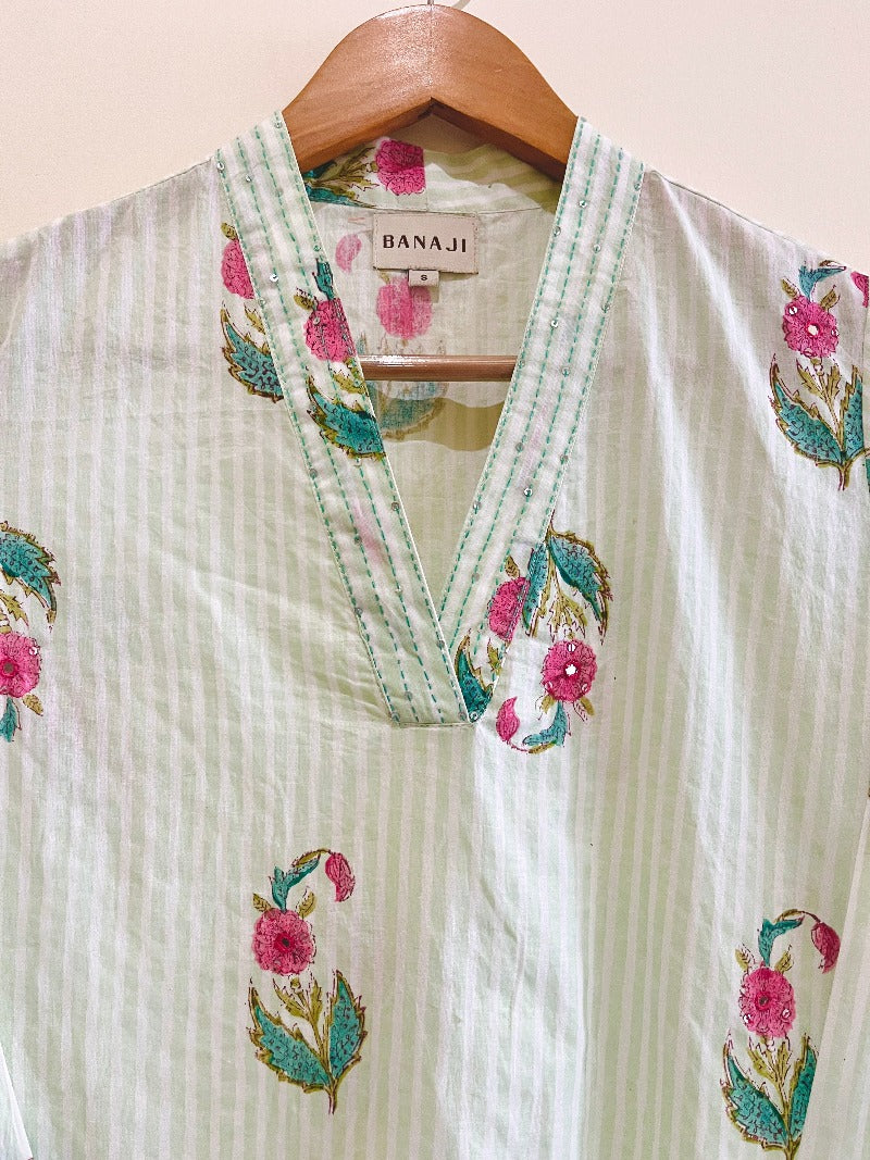 Green Bouquet Block Printed Cotton  Kurta