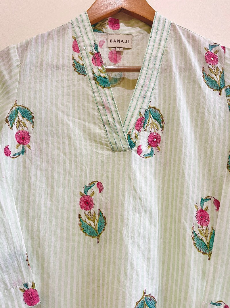Green Bouquet Block Printed Cotton Kurta