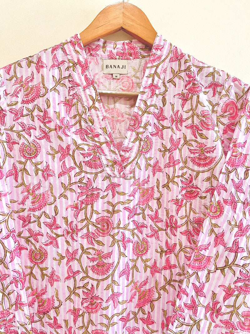 Pink Petal Block Printed Cotton  Kurta