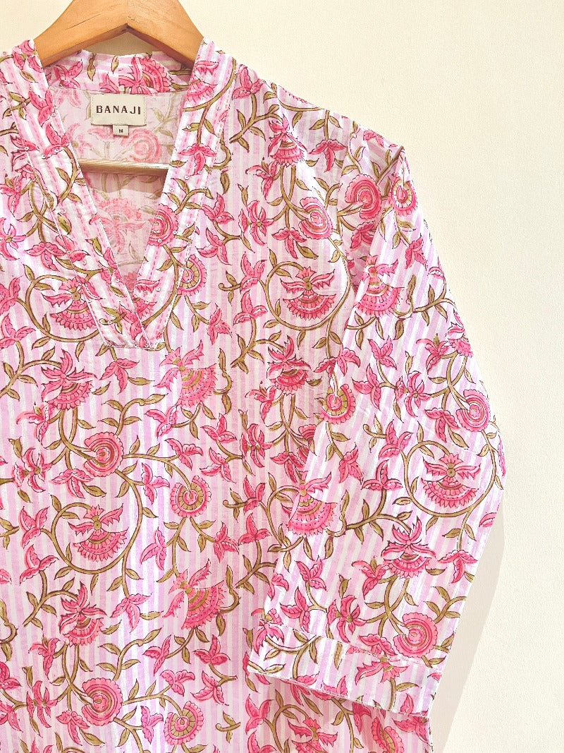 Pink Petal Block Printed Cotton  Kurta