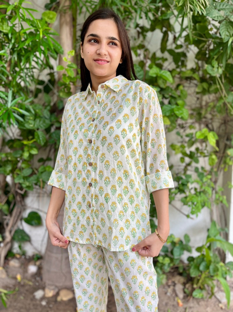 Sunshine Buta Bliss: White Yellow Printed Co-ord Set