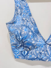 Blue Floral Deep V-Neck Sleeveless Blouse