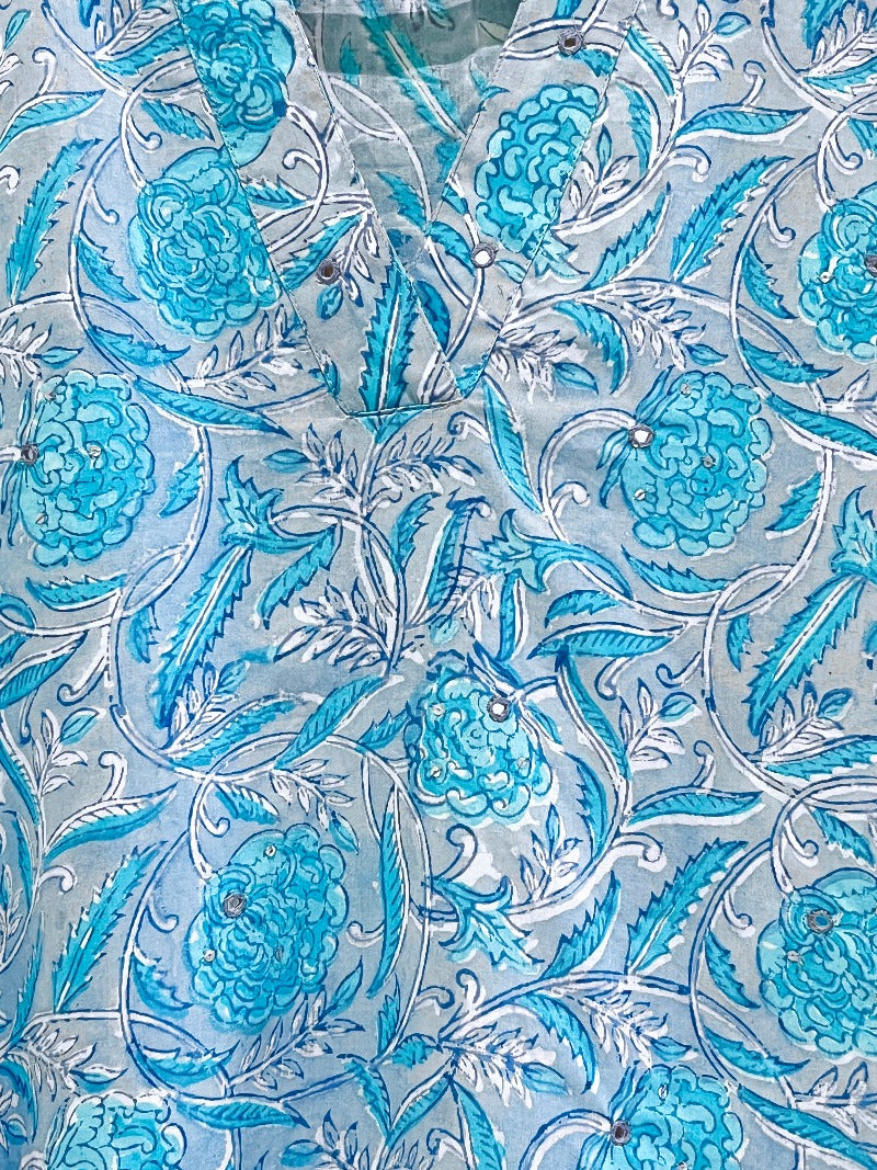Teal Bliss Block Printed Cotton Kurta