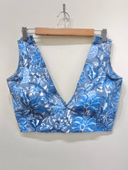 Blue Floral Deep V-Neck Sleeveless Blouse