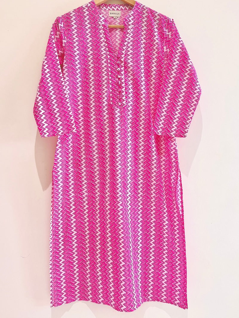 Pink Zig-Zag Cotton Printed Straight Kurta