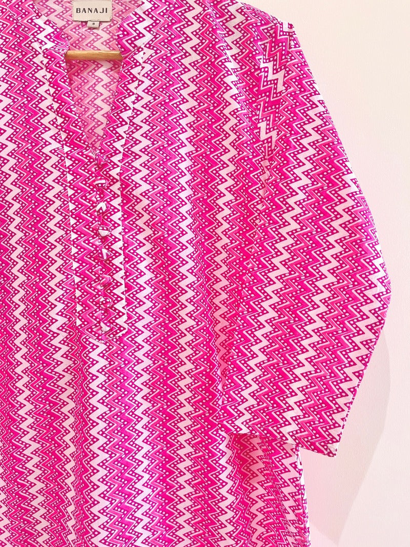 Pink Zig-Zag Cotton Printed Straight Kurta