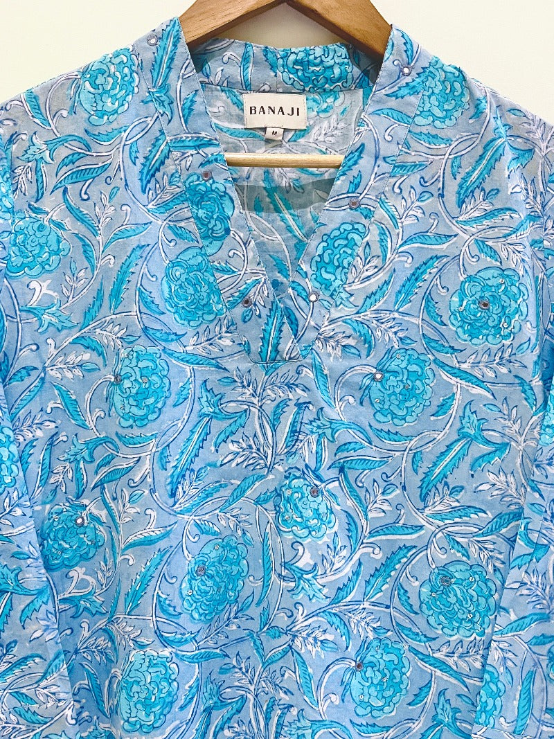 Teal Bliss Block Printed Cotton Kurta