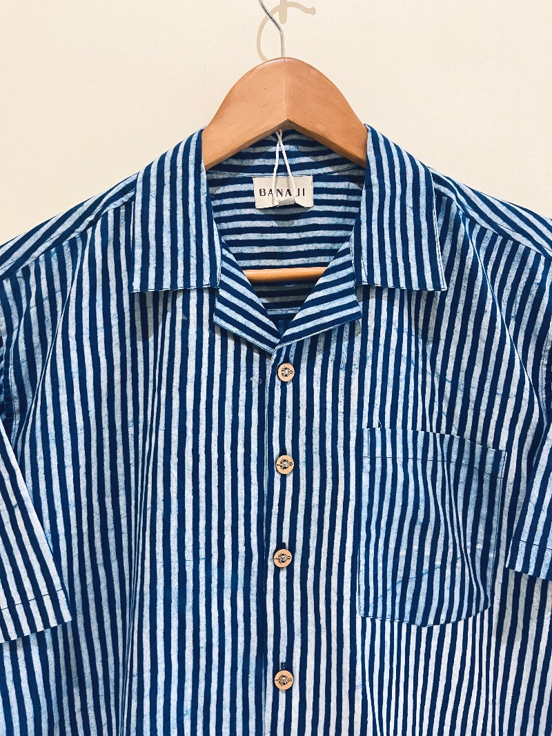NATURAL INDIGO COTTON DABU PRINTED HALF SLEEVE SHIRT