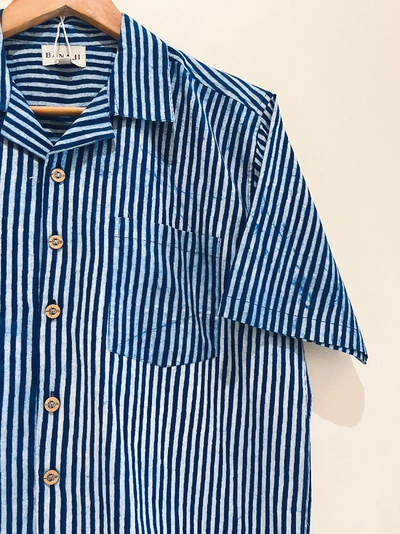 NATURAL INDIGO COTTON DABU PRINTED HALF SLEEVE SHIRT