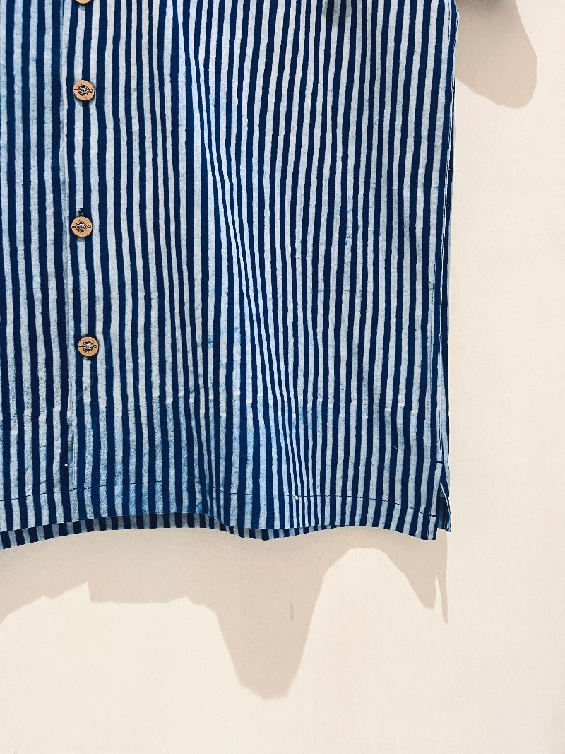 NATURAL INDIGO COTTON DABU PRINTED HALF SLEEVE SHIRT