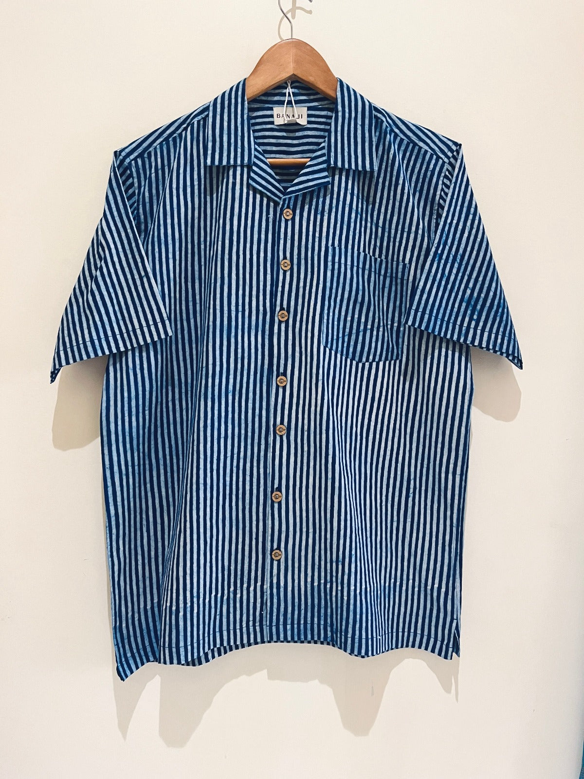 NATURAL INDIGO COTTON DABU PRINTED HALF SLEEVE SHIRT