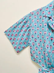 Aqua Blossom Tie-Front Crop Shirt
