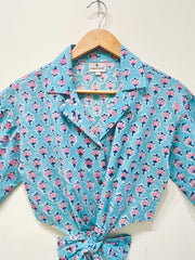 Aqua Blossom Tie-Front Crop Shirt