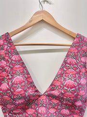 Pink Floral Deep V-Neck Padded Blouse