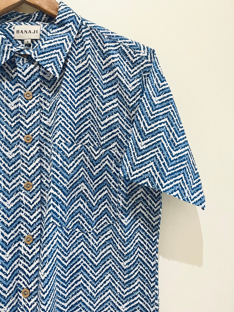 COTTON DOBBY BLOCK PRINTED HALF SLEEVE SHIRT