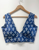 Indigo White Leaf Print Deep V-Neck Padded Blouse