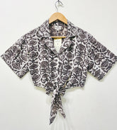 Monochrome Leaf Tie-Front Crop Shirt