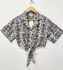 Monochrome Leaf Tie-Front Crop Shirt