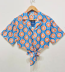 Tangerine Mosaic Tie-Front Crop Shirt